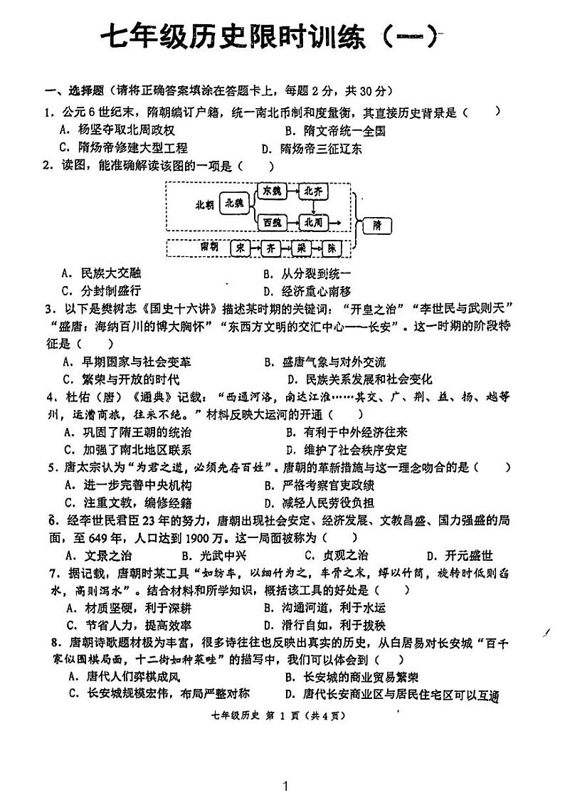 江苏省徐州市树人初级中学2023-2024学年七年级下学期3月月考历史试题第1页