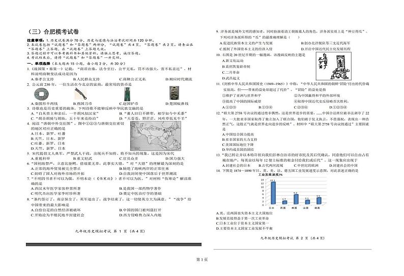 2024安徽省合肥市九年级中考历史模考试卷第1页