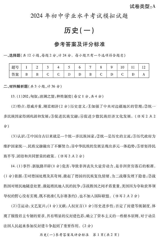 陕西省西安市莲湖区2024年中考第一次模拟试题历史 答案第1页