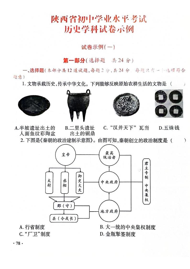 2024年陕西省九年级初中学业水平考试历史学科试卷（一）第1页