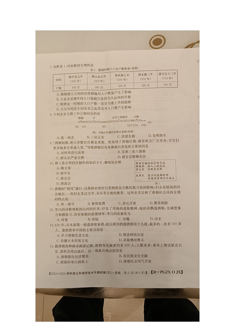 江西省九江市柴桑区五校联考2023-2024学年七年级下学期3月月考历史试题（图片版无答案）02