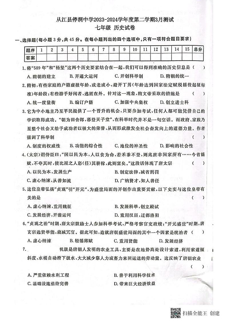 从江县停洞中学2023-2024学年度七年级下学期3月测试历史试卷（图片版，含答案）第1页