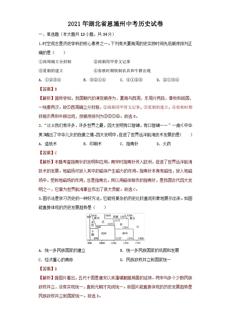 湖北省恩施州2021年中考历史试卷（含解析）01