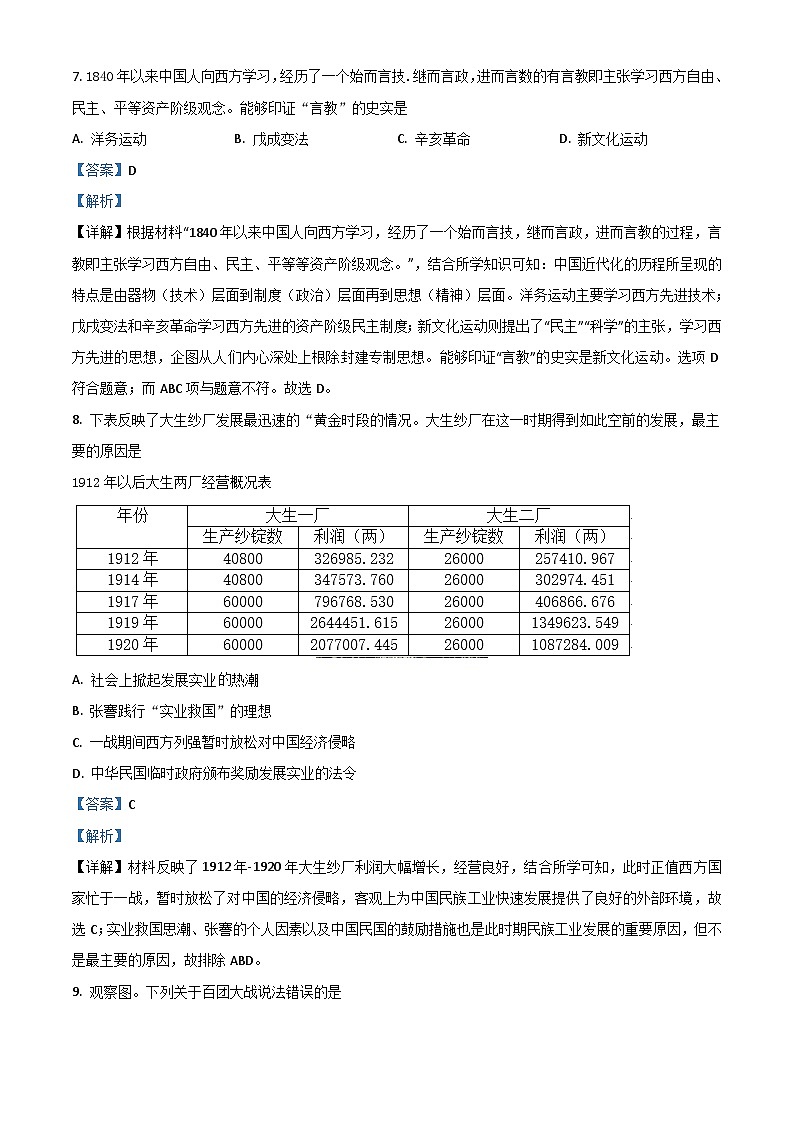 江苏省宿迁市2021年中考历史试题（含解析）03