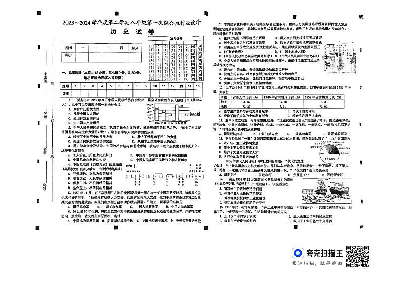 安徽省淮南市西部地区2023~2024学年八年级下学期第一次月考历史试卷第1页