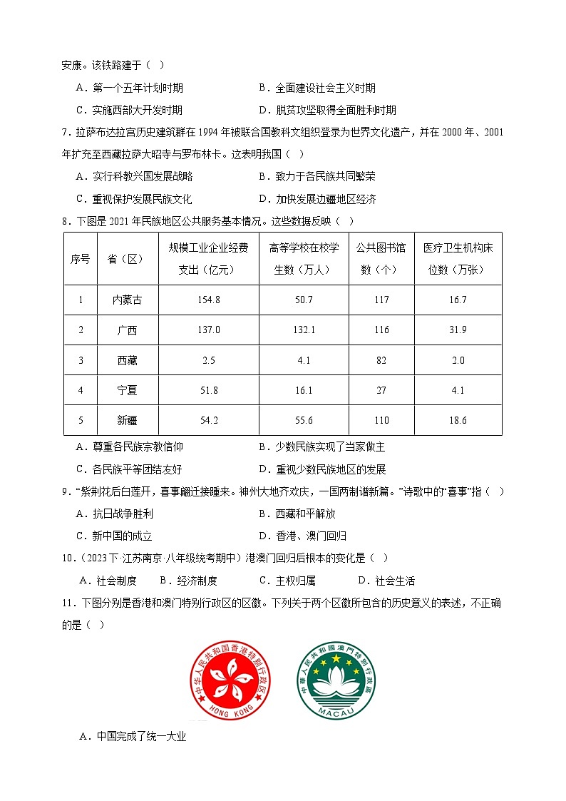 2023-2024学年人教部编统编版八年级历史下册第四单元《民族团结与祖国统一》检测卷（含答案解析）第2页