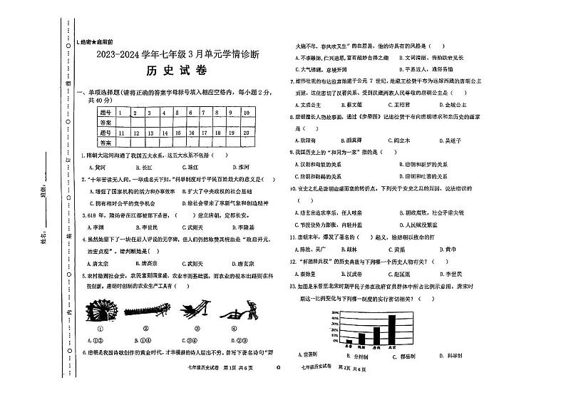 山西省太原市晋源区多校2023-2024学年七年级下学期3月月考历史试卷第1页