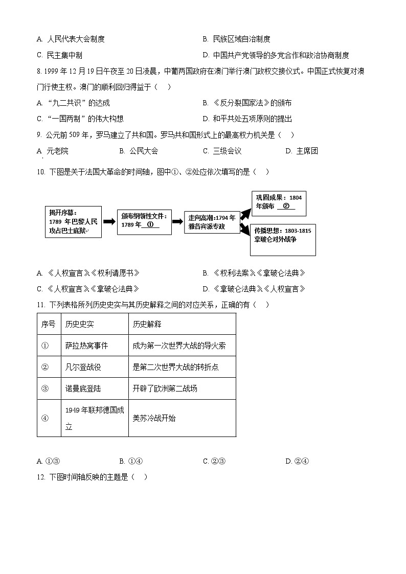 2024年陕西省榆林市中考一模历史试题（原卷版+解析版）03