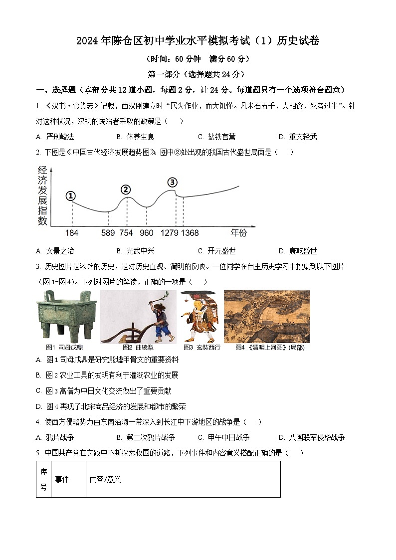 2024年陕西省宝鸡市陈仓区中考一模历史试题（原卷版+解析版）01