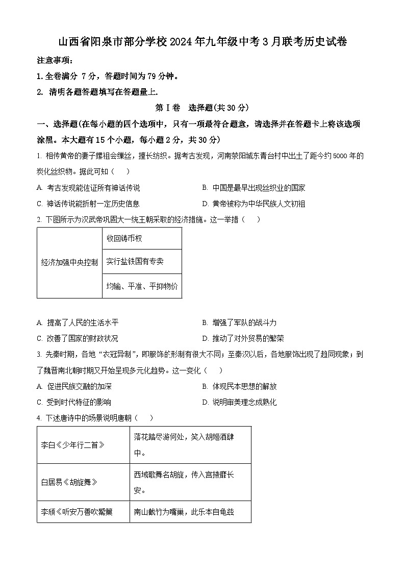 2024年山西省阳泉市部分学校中考一模历史试题（原卷版）第1页