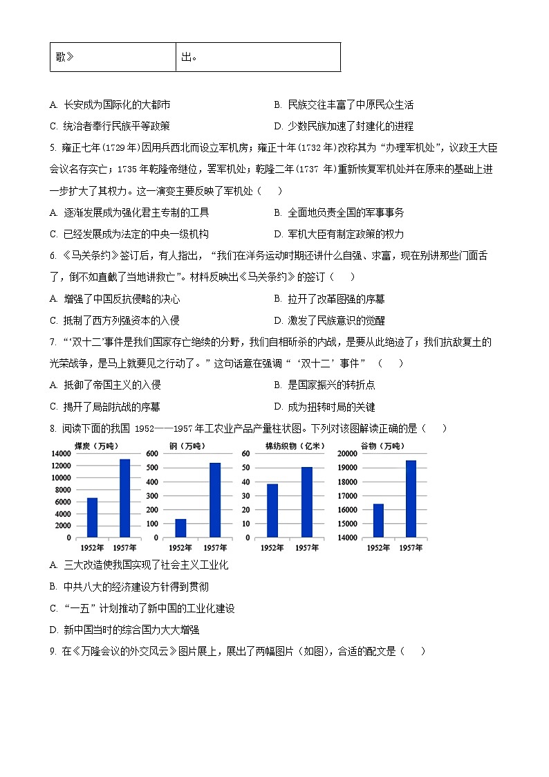 2024年山西省阳泉市部分学校中考一模历史试题（原卷版）第2页