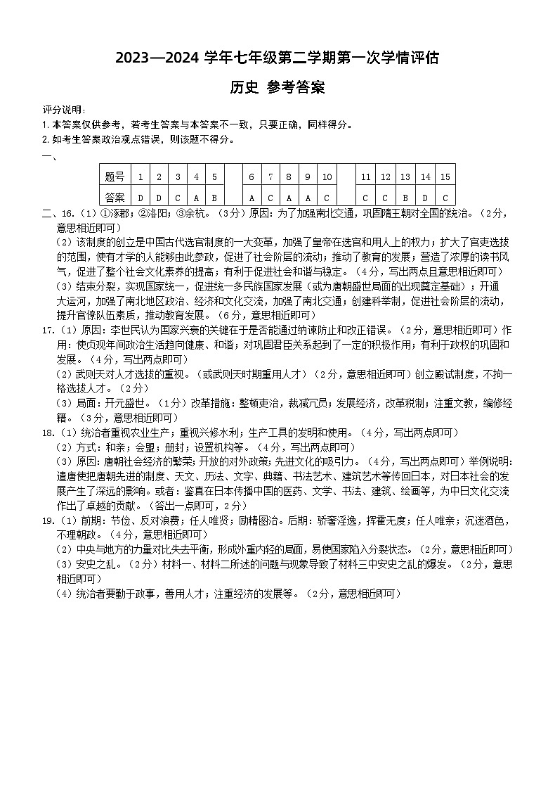 河北省保定市第二中学分校七年级月考历史试卷答案第1页