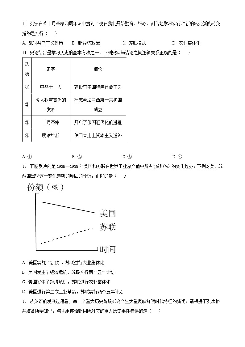 2024年山东省泰安市新泰市（五四学制）中考一模历史试题（原卷版）第3页