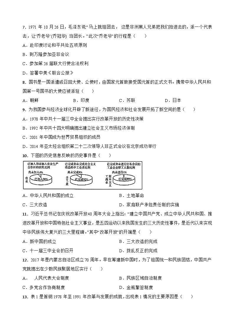 中国现代史中考考前必刷题——选择题（二）  初中历史中考考前必刷题（精练 详细解答）02