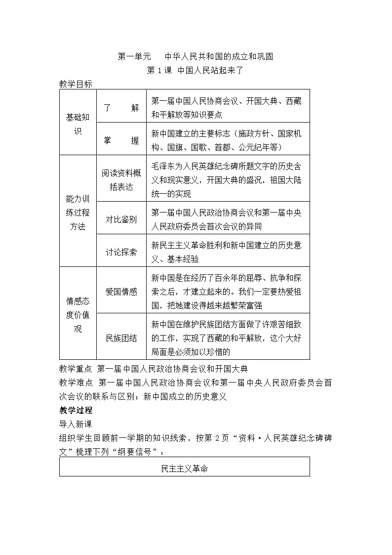 部编初中历史八年级下册第一单元（1-3课）教案01