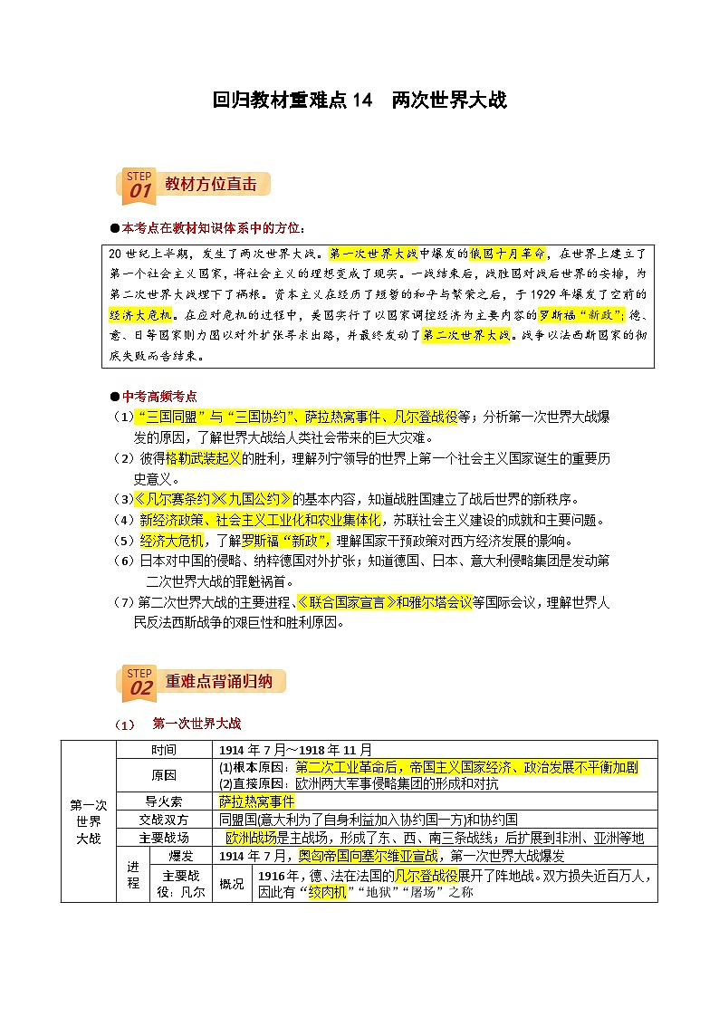 回归教材重难点14  两次世界大战-中考历史三轮冲刺过关第1页