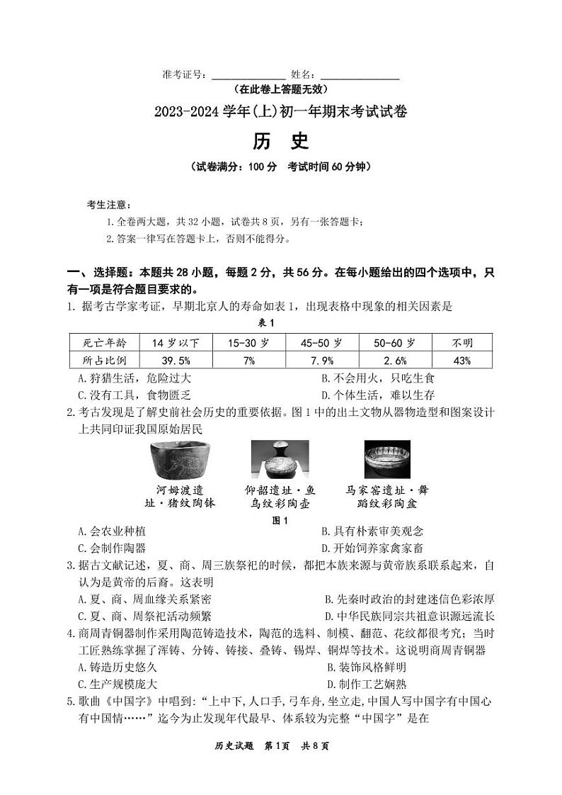 福建省厦门双十中学、五缘实验学校、华侨中学等六校2023-2024学年七年级上学期期末考试历史试题01
