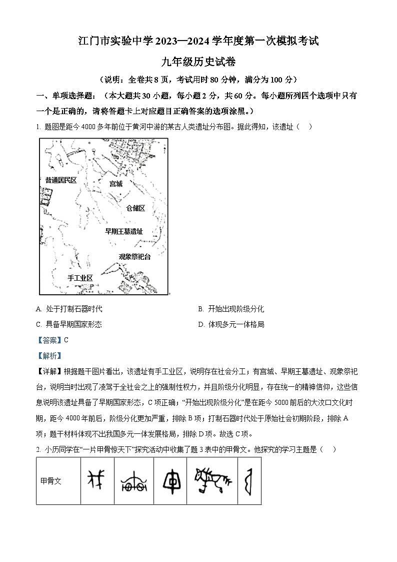 2024年广东省江门市实验中学中考一模历史试题（原卷版+解析版）01