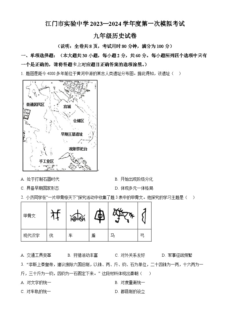 2024年广东省江门市实验中学中考一模历史试题（原卷版+解析版）01