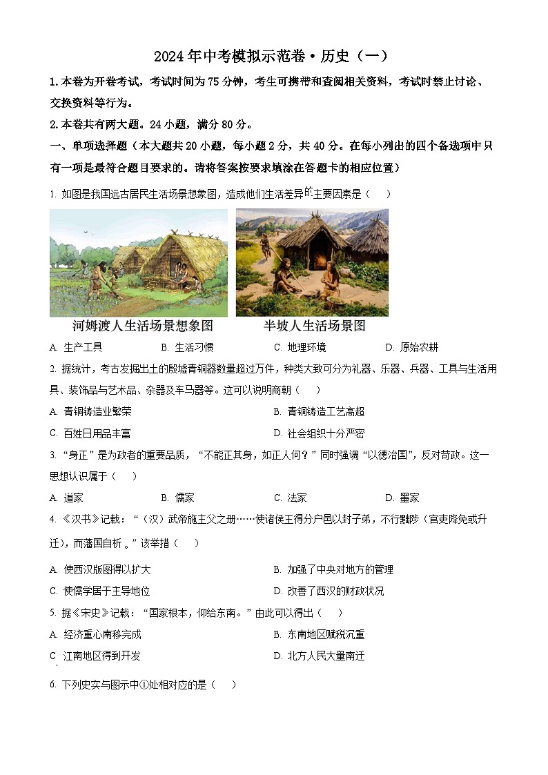 2024年江西省赣州市部分学校中考一模历史试题（原卷版+解析版）01