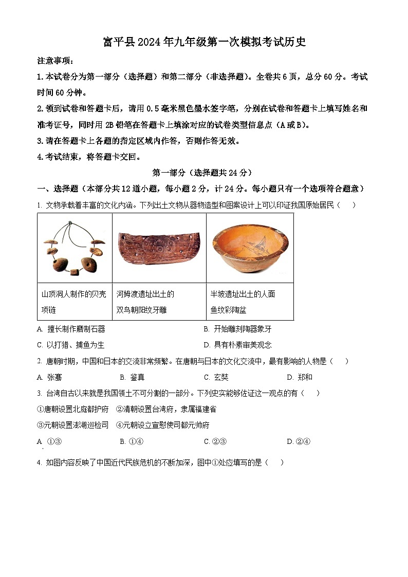 2024年陕西省渭南市富平县中考一模历史试题（原卷版）第1页