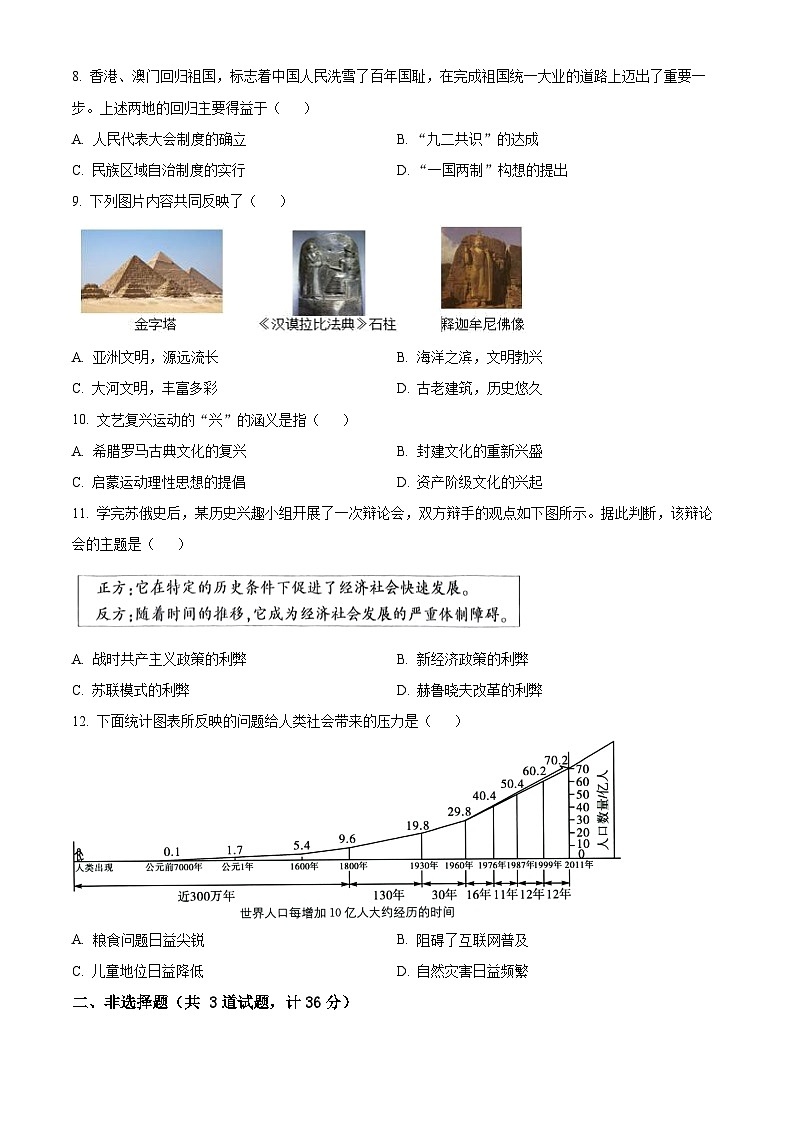 2024年陕西省商洛市山阳县中考一模历史试题（原卷版+解析版）03