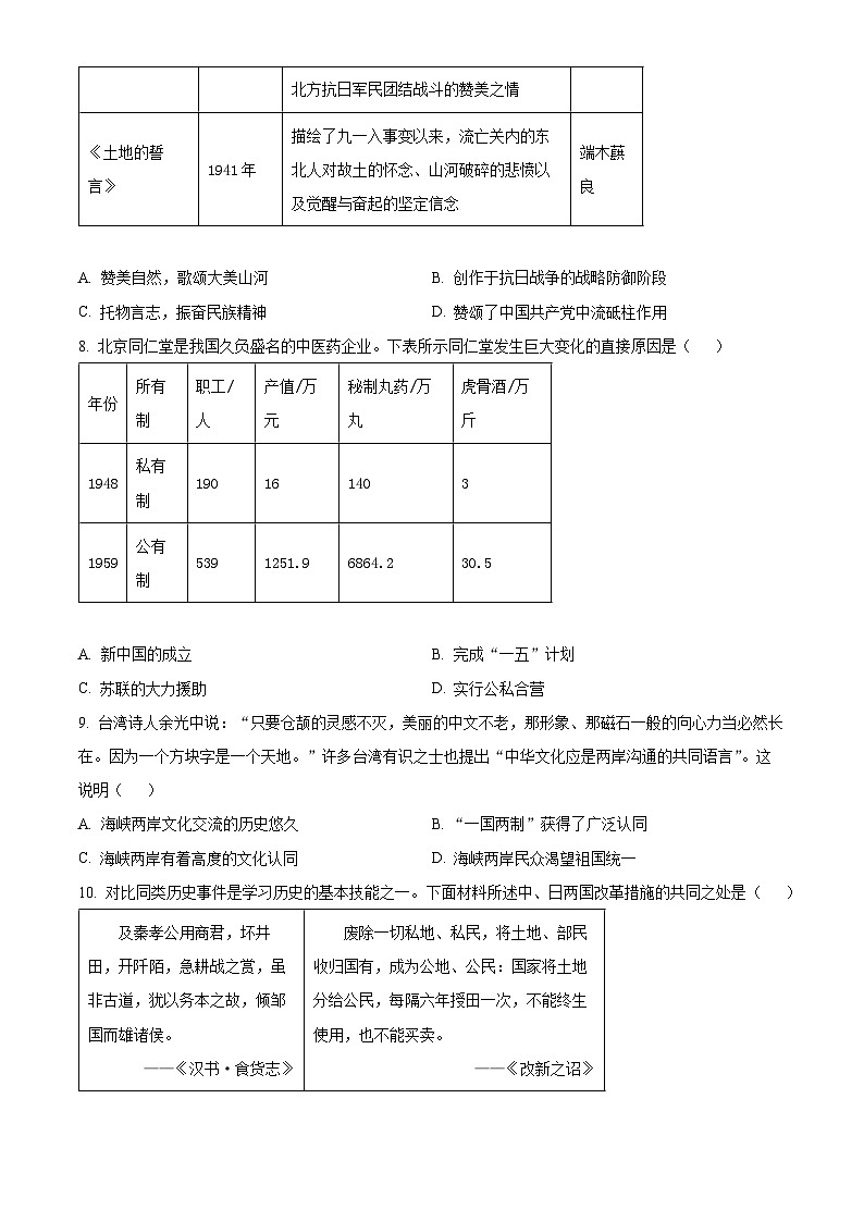 2024年山西省朔州市右玉县中考一模历史试题（原卷版+解析版）03