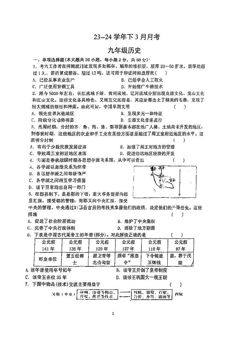 广东省江门市培英初级中学2023-2024学年九年级下学期第一次月考历史试题第1页