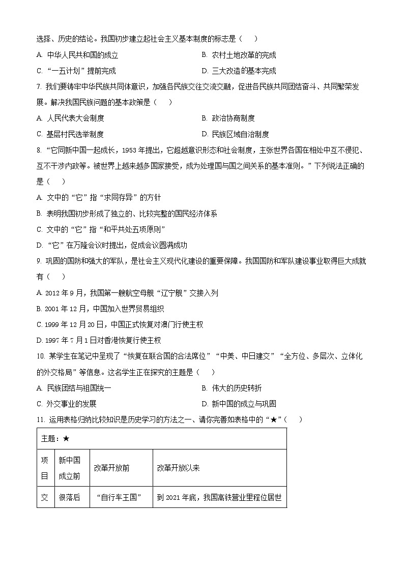 2024年辽宁省抚顺市望花区中考三模历史试题（原卷版）第2页