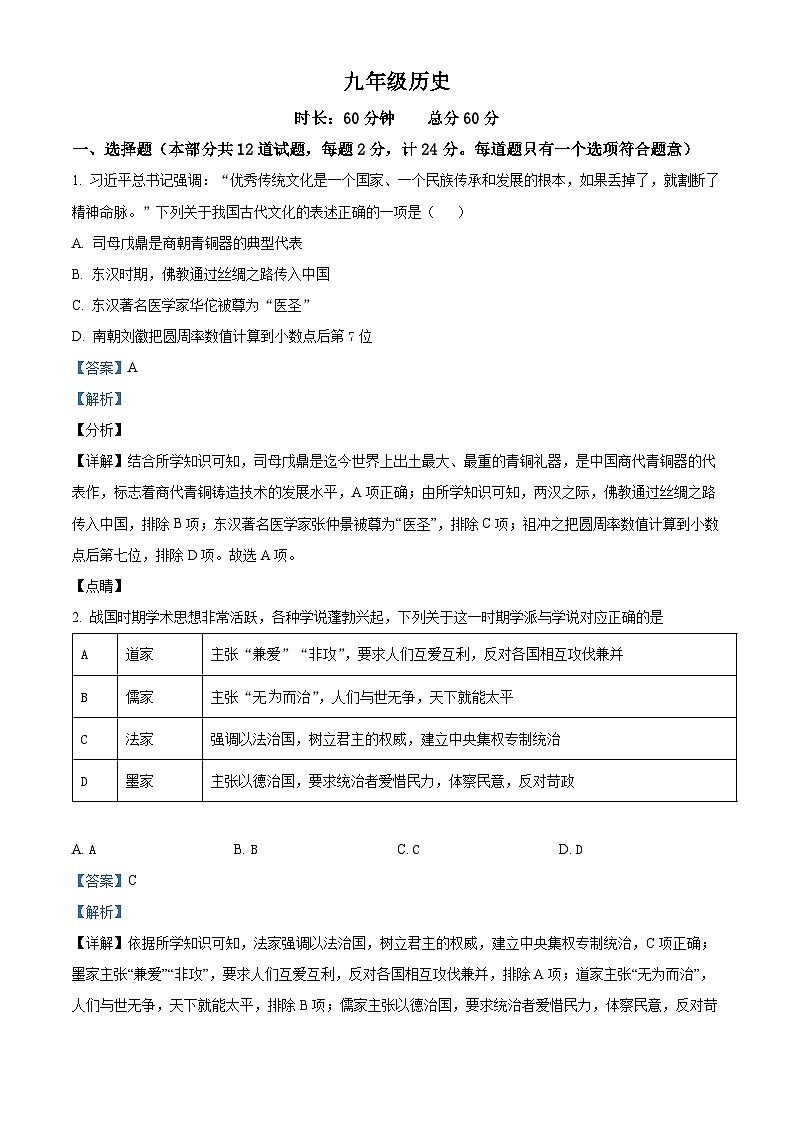 2024年陕西省西安市高新第一中学博雅班中考一模历史试题（解析版）第1页