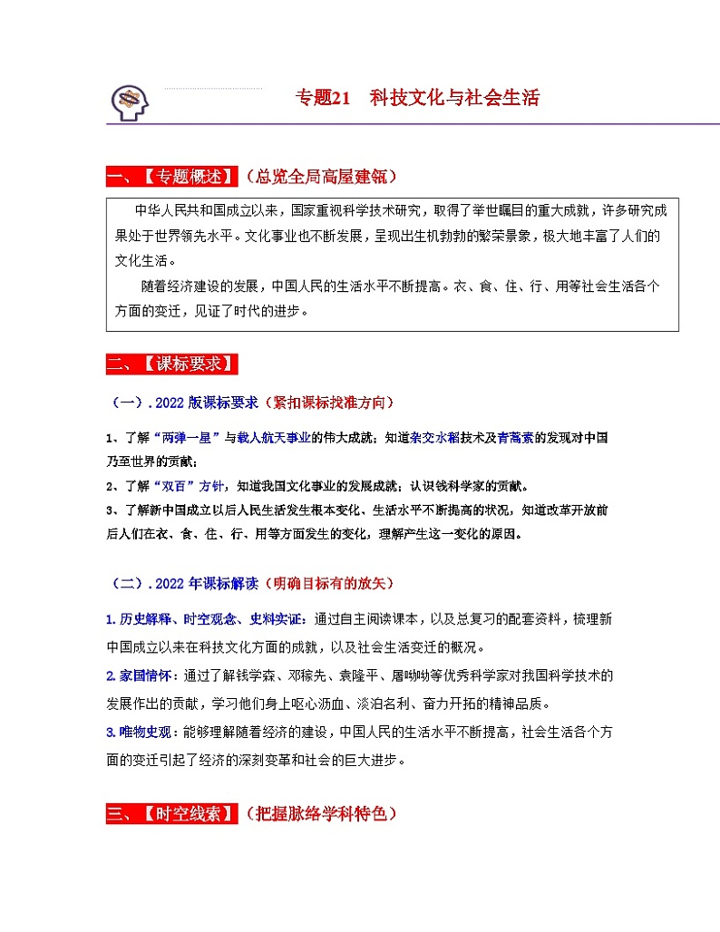 中考历史一轮复习考点过关专题21 科技文化与社会生活（含解析）第1页