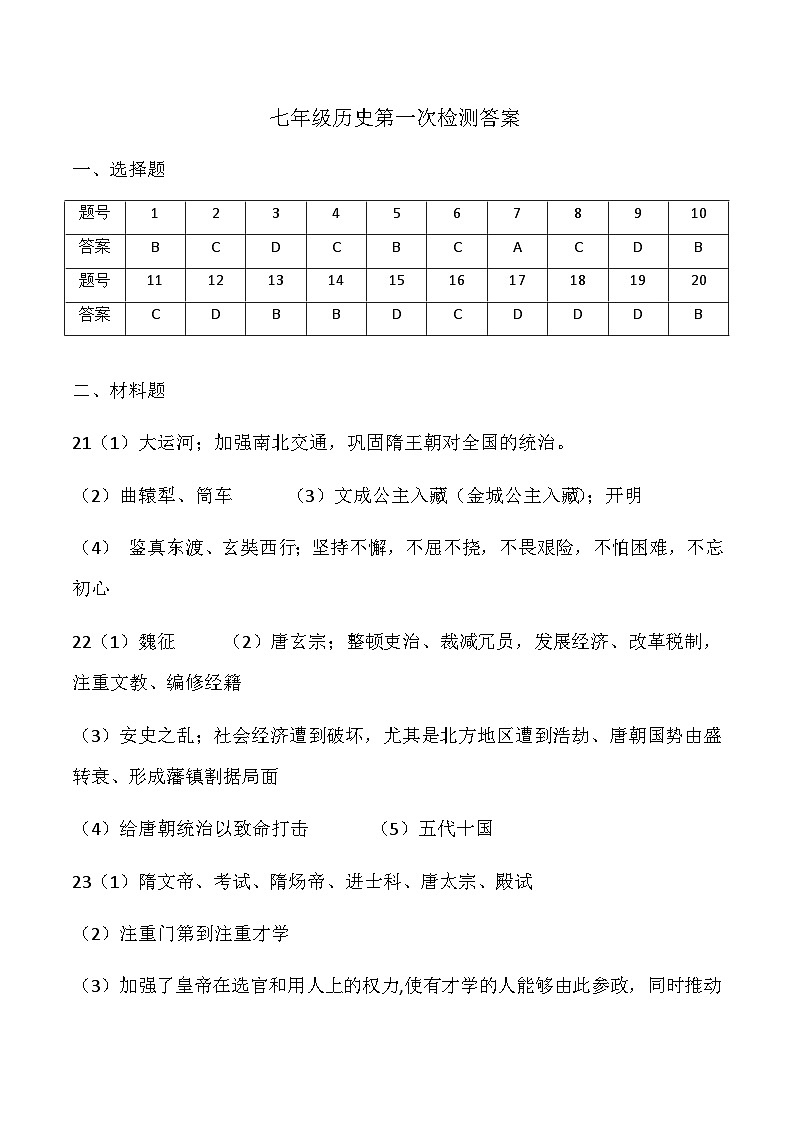 山东省济宁市兖州区东方中学联盟校2023-2024学年第二学期第一次月考七年级历史答案第1页