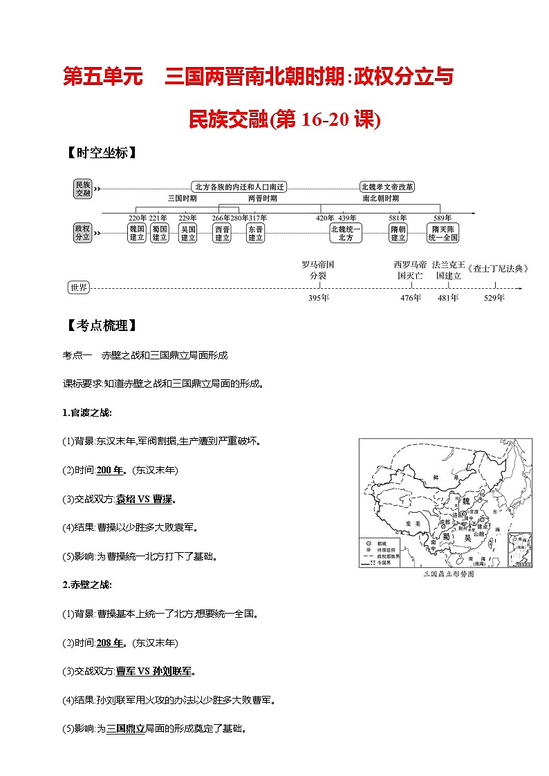 中考历史一轮复习讲练学案5第五单元 三国两晋南北朝时期：政权分立与民族交融(第16-20课)（含解析）第1页