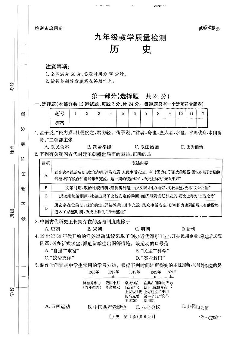 2024年陕西省富平县部分学校中考一模历史试题01