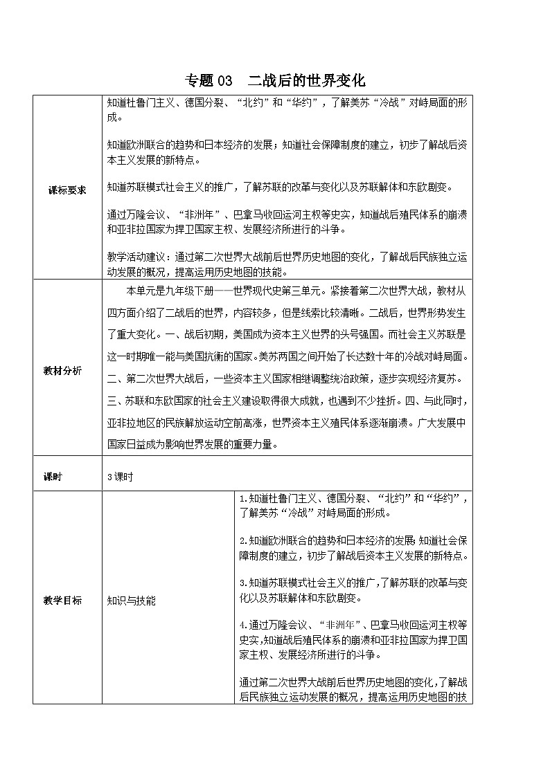 中考历史一轮考点复习二战后的世界变化（教学设计）01