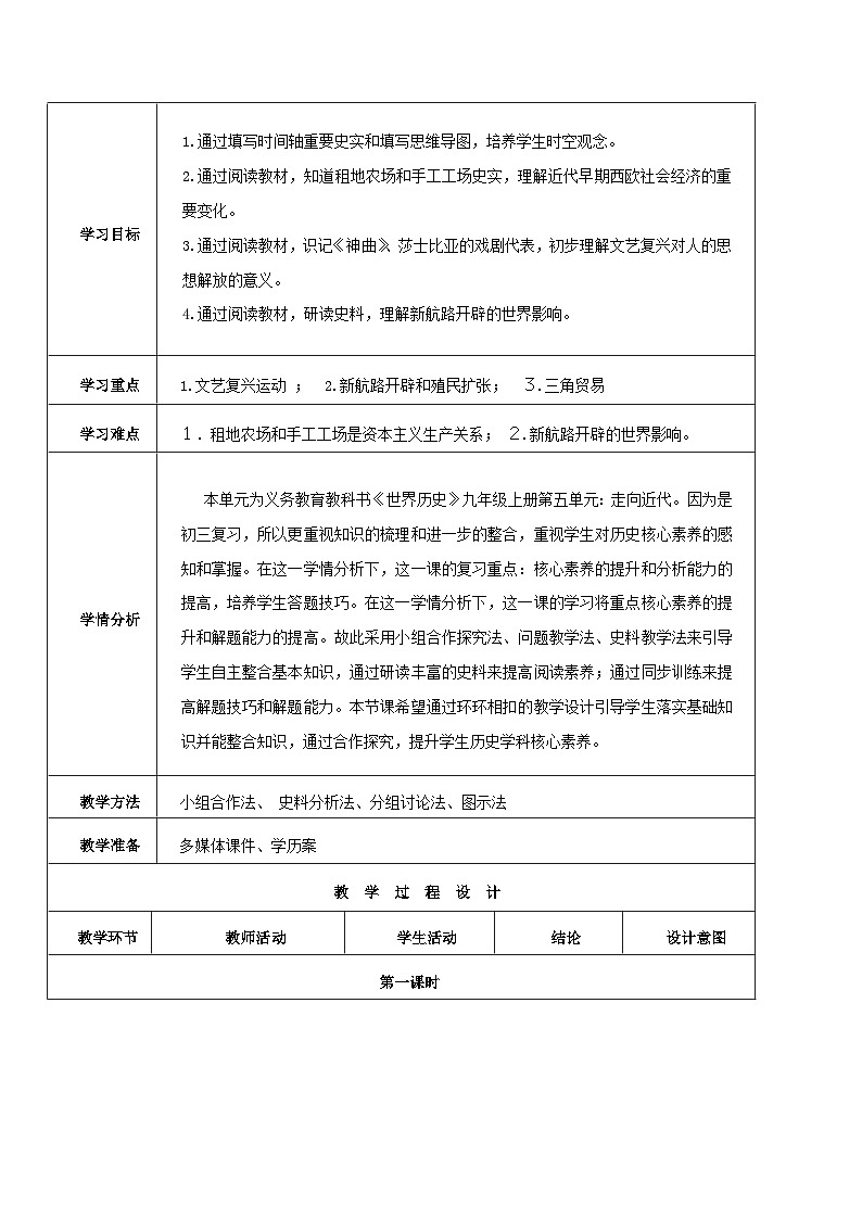 中考历史一轮考点复习走向近代（教学设计）02