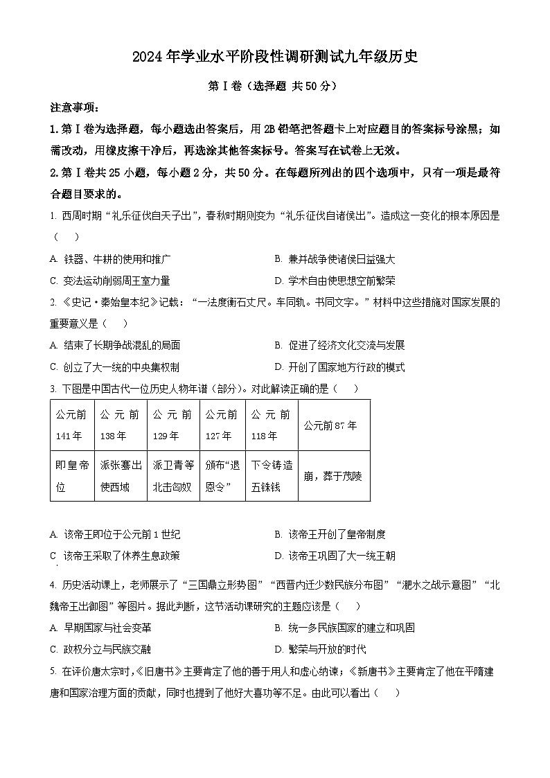 2024年山东省济南市槐荫区中考一模历史试题（原卷版+解析版）01