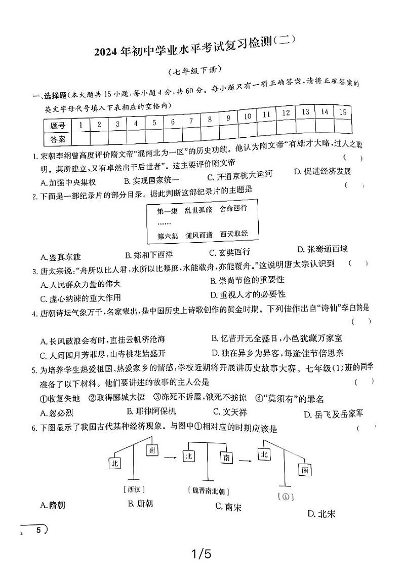 2024年湖南益阳九年级初中学业水平考试历史复习检测（二）第1页