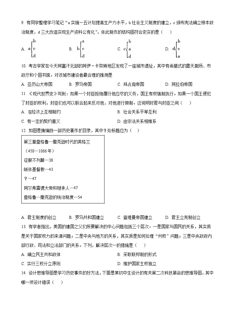 2024年安徽省马鞍山市花山区中考一模历史试题（原卷版）第3页