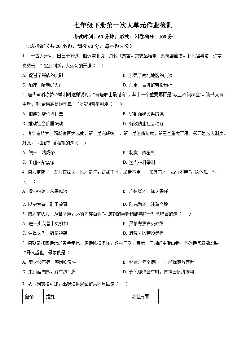 海南省东方市民族中学2023-2024学年七年级4月月考历史试题（原卷版+解析版）01
