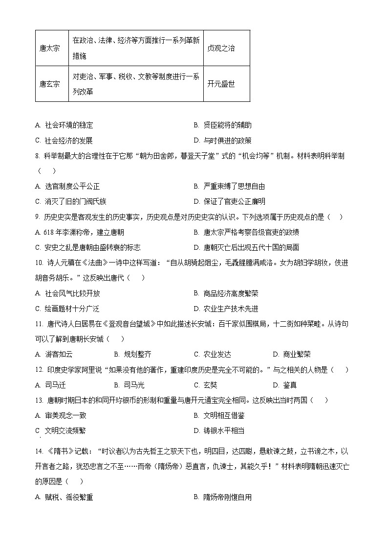 海南省东方市民族中学2023-2024学年七年级4月月考历史试题（原卷版+解析版）02