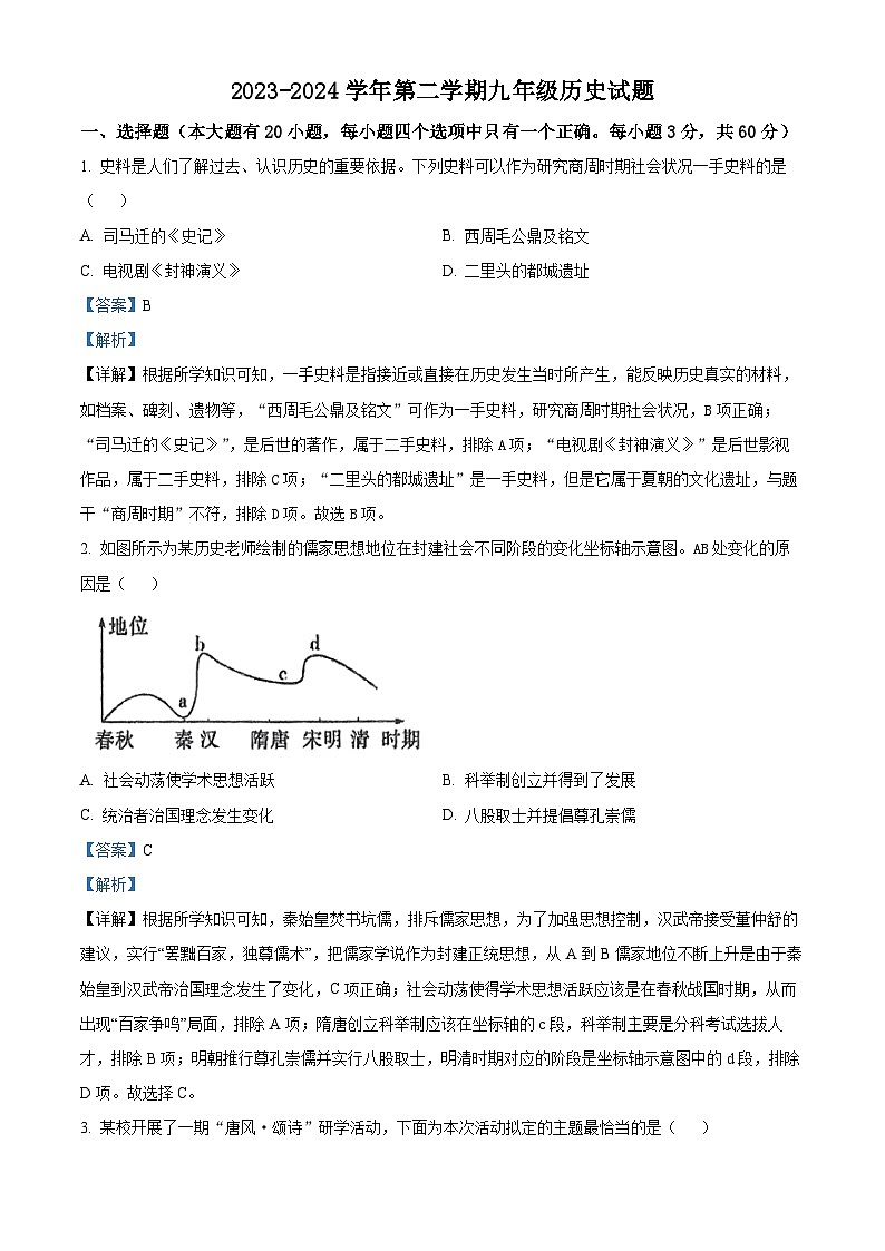 2024年海南省海东市乐都区部分学校中考一模历史试题（原卷版+解析版）01