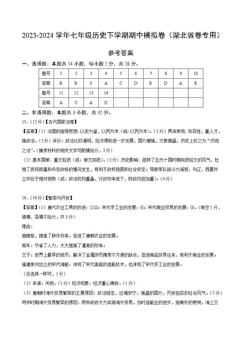 2023-2024学年初中下学期期中考试 七年级历史期中模拟卷（湖北省卷专用，七下第1_13课）01