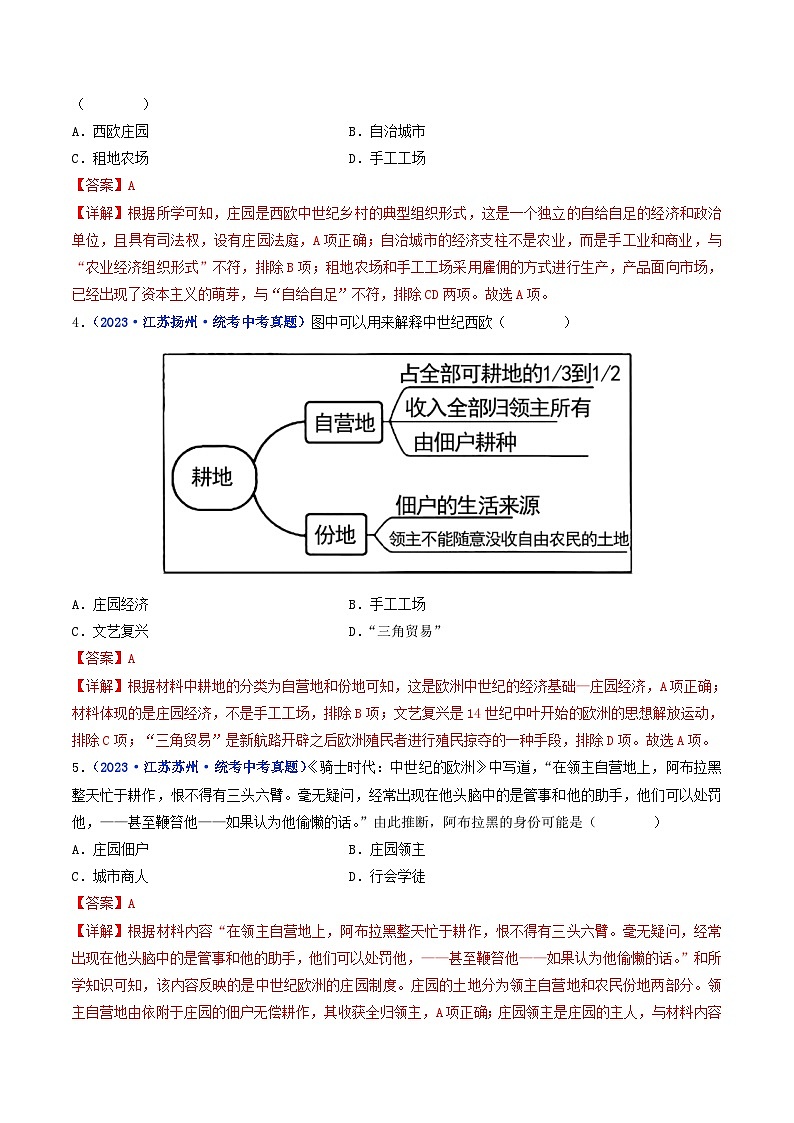 中考历史一轮复习九上课时练习第8课 西欧庄园（含解析）第2页