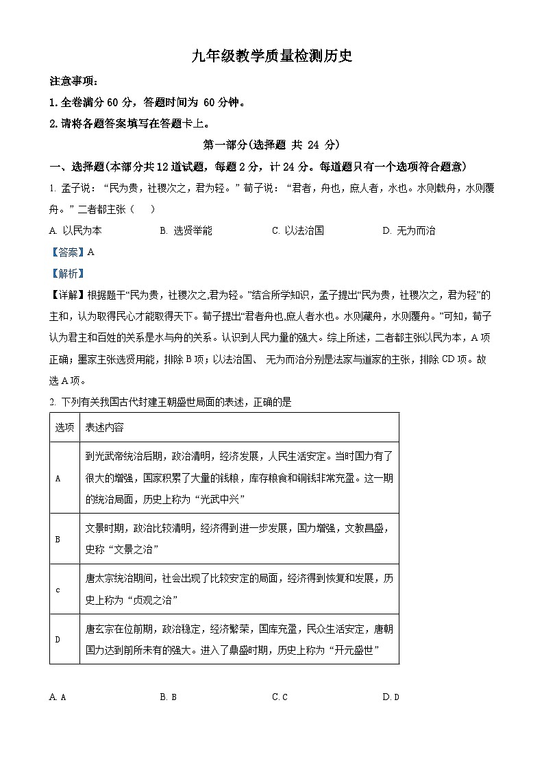 2024年陕西省富平县部分学校中考一模历史试题（原卷版+解析版）01