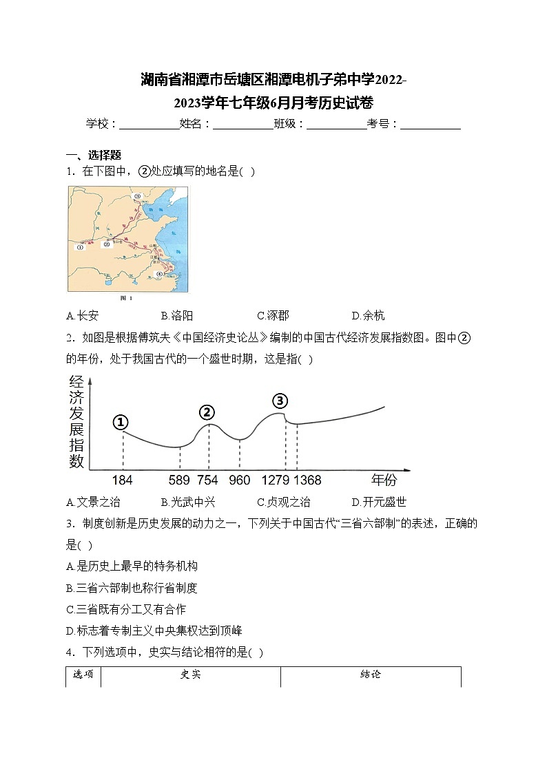 湖南省湘潭市岳塘区湘潭电机子弟中学2022-2023学年七年级6月月考历史试卷(含答案)第1页