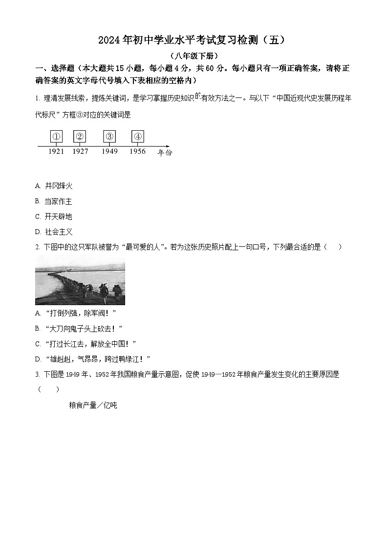 2024年湖南省益阳市初中学业水平考试复习检测（五）历史试题（原卷版+解析版）01