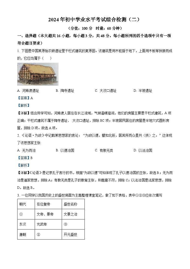 2024年湖南省益阳市初中学业水平考试复习检测（二）历史试题（原卷版+解析版）01