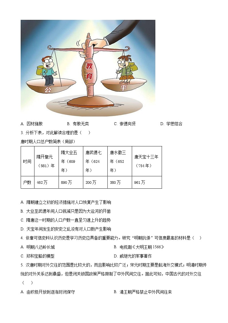 2024年江苏省无锡市初中学业水平模拟考试历史试题（原卷版+解析版）02