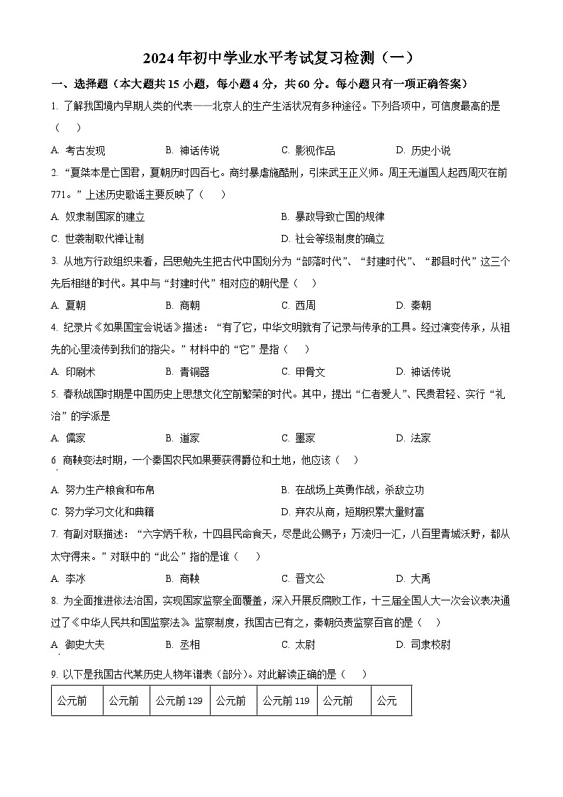 2024年湖南省益阳市初中学业水平考试复习检测（一）历史试题（原卷版+解析版）01